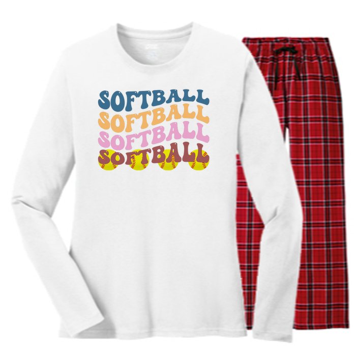 Softball Retro Groovy Sport Lover Women's Long Sleeve Flannel Pajama Set 