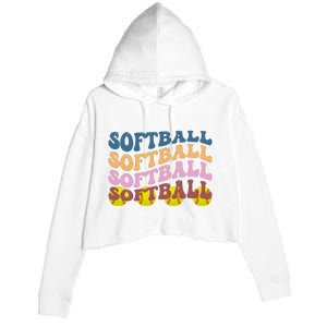 Softball Retro Groovy Sport Lover Crop Fleece Hoodie