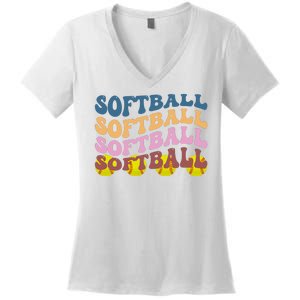 Softball Retro Groovy Sport Lover Women's V-Neck T-Shirt