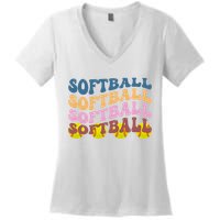 Softball Retro Groovy Sport Lover Women's V-Neck T-Shirt