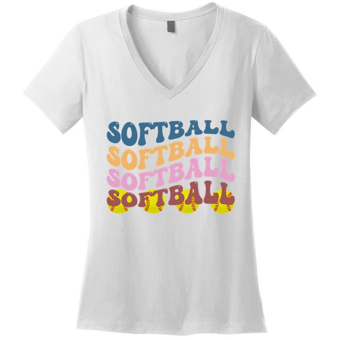 Softball Retro Groovy Sport Lover Women's V-Neck T-Shirt