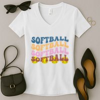 Softball Retro Groovy Sport Lover Women's V-Neck T-Shirt