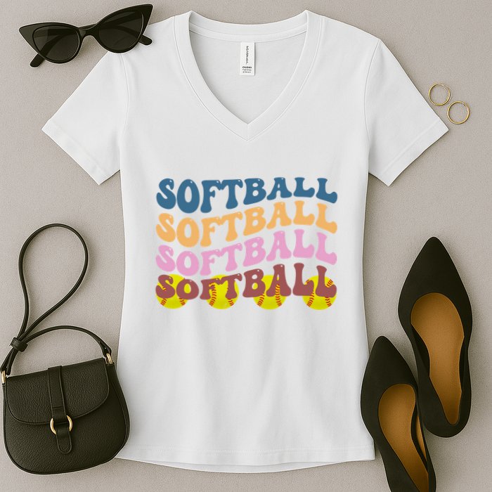 Softball Retro Groovy Sport Lover Women's V-Neck T-Shirt