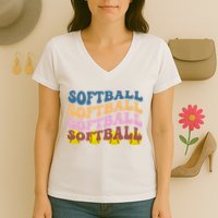 Softball Retro Groovy Sport Lover Women's V-Neck T-Shirt