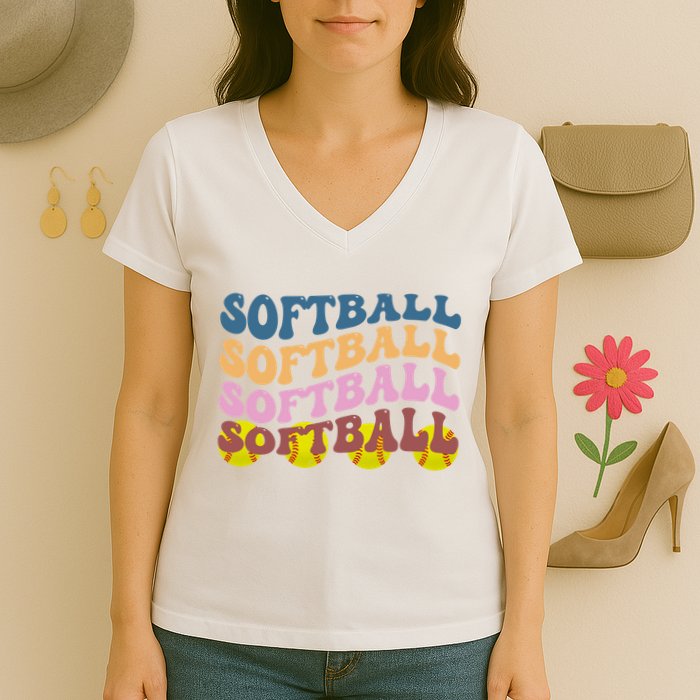 Softball Retro Groovy Sport Lover Women's V-Neck T-Shirt