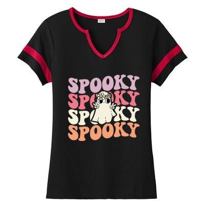 Spooky Retro Groovy Floral Ghost Halloween Costume Ladies Halftime Notch Neck Tee