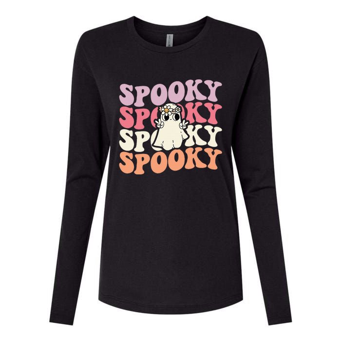 Spooky Retro Groovy Floral Ghost Halloween Costume Womens Cotton Relaxed Long Sleeve T-Shirt