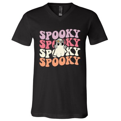 Spooky Retro Groovy Floral Ghost Halloween Costume V-Neck T-Shirt