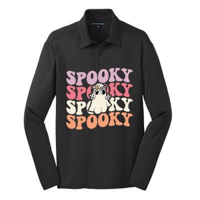 Spooky Retro Groovy Floral Ghost Halloween Costume Silk Touch Performance Long Sleeve Polo