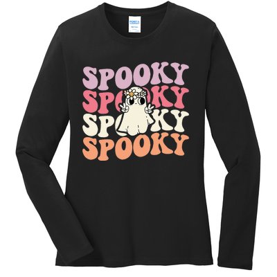 Spooky Retro Groovy Floral Ghost Halloween Costume Ladies Long Sleeve Shirt