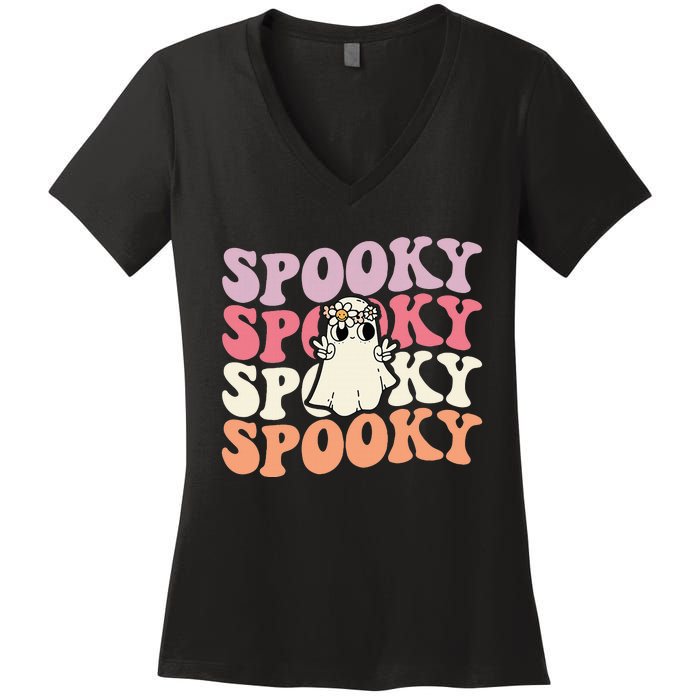 Spooky Retro Groovy Floral Ghost Halloween Costume Women's V-Neck T-Shirt