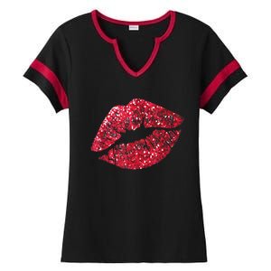 Sexy Red Glitter Lips Kiss Me Love Makeup Lipstick Shirt Tee Ladies Halftime Notch Neck Tee