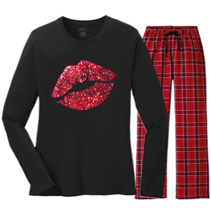 Sexy Red Glitter Lips Kiss Me Love Makeup Lipstick Shirt Tee Women's Long Sleeve Flannel Pajama Set 