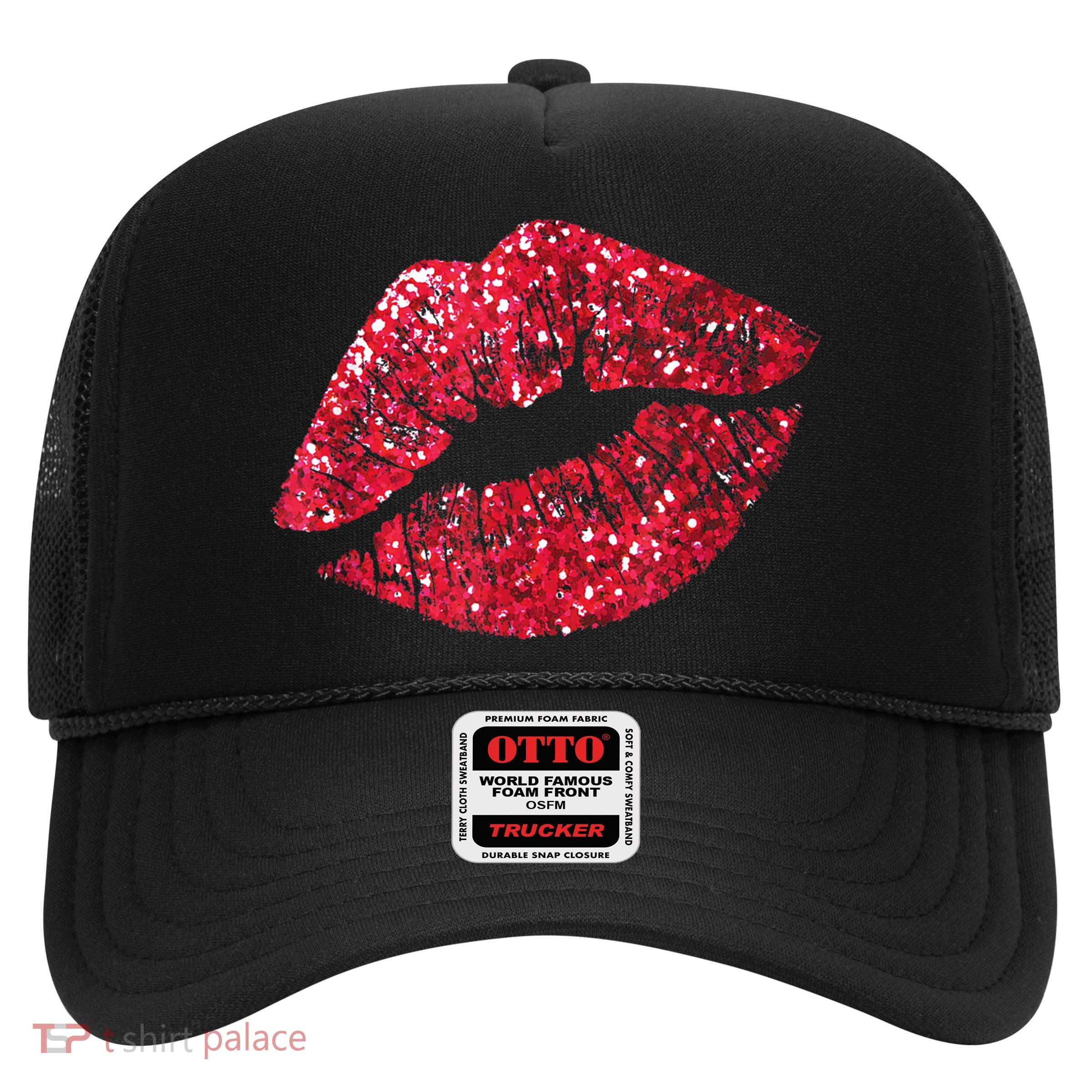 Sexy Red Glitter Lips Kiss Me Love Makeup Lipstick Shirt Tee Trucker Hat