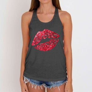 Sexy Red Glitter Lips Kiss Me Love Makeup Lipstick Shirt Tee Women's Knotted Racerback Tank