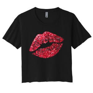 Sexy Red Glitter Lips Kiss Me Love Makeup Lipstick Shirt Tee Women's Crop Top Tee