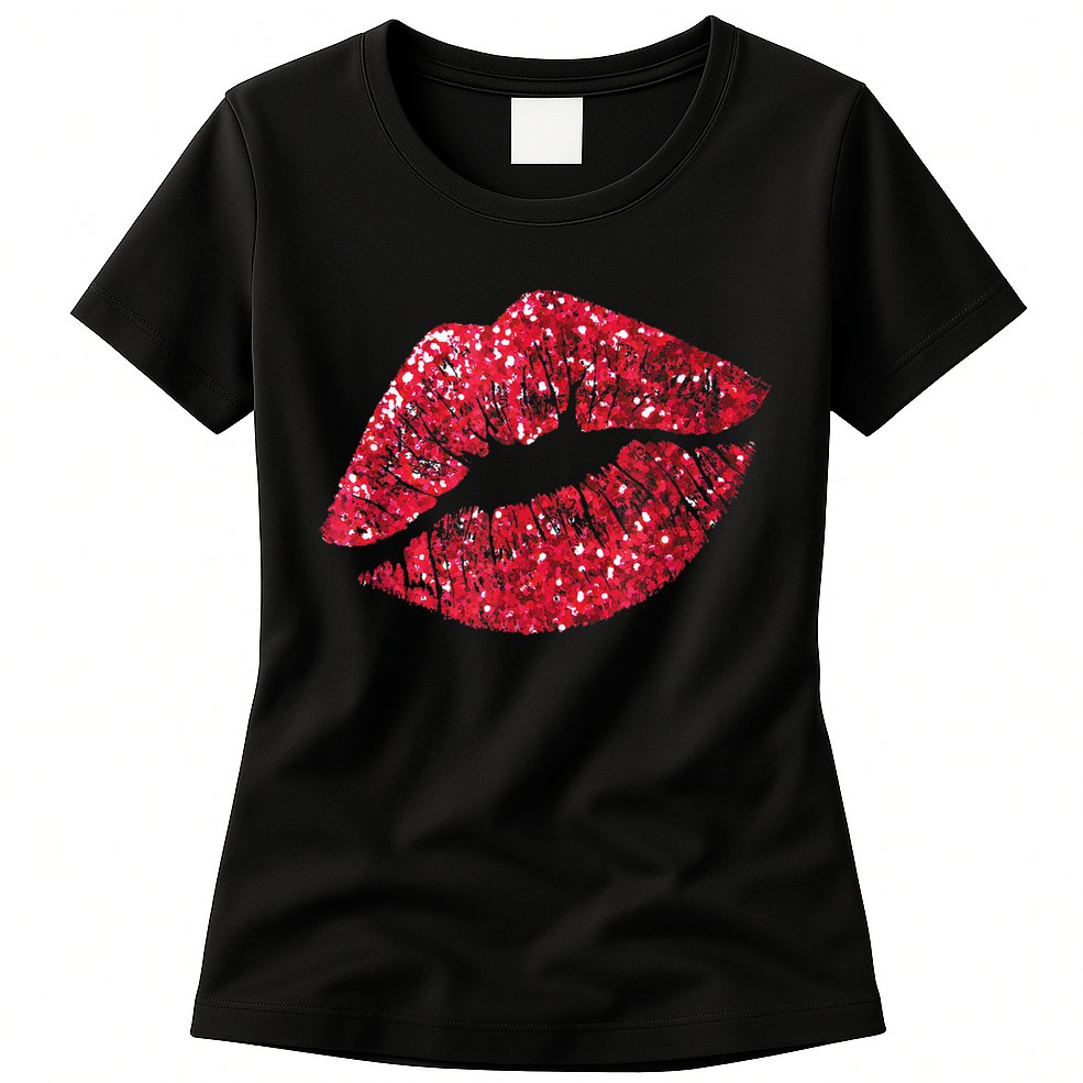 Sexy Red Glitter Lips Kiss Me Love Makeup Lipstick Shirt Tee Womens T-Shirt
