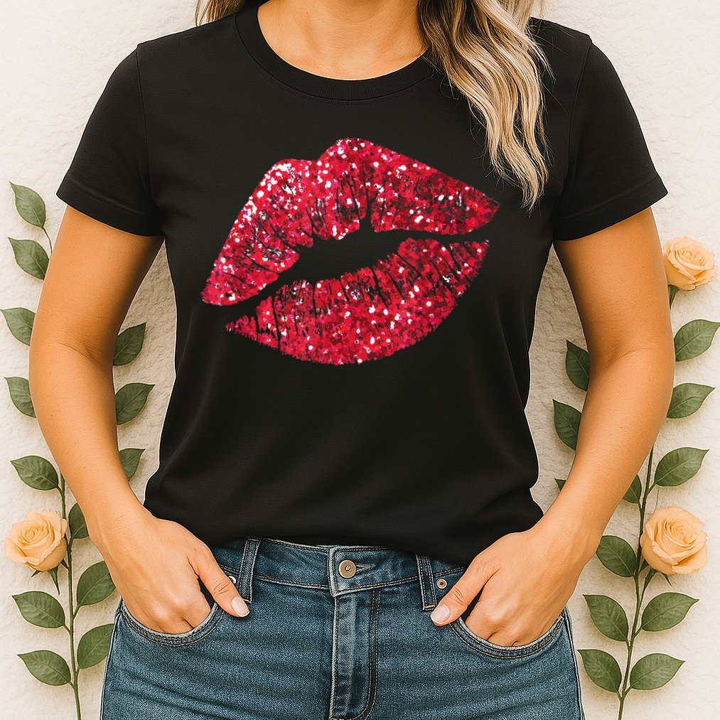 Sexy Red Glitter Lips Kiss Me Love Makeup Lipstick Shirt Tee Womens T-Shirt