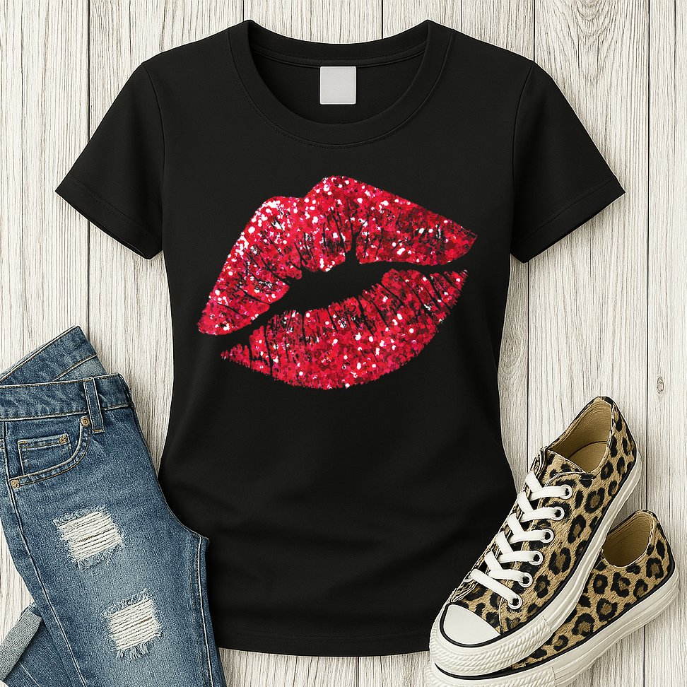 Sexy Red Glitter Lips Kiss Me Love Makeup Lipstick Shirt Tee Womens T-Shirt