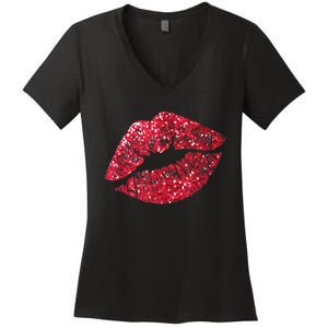 Sexy Red Glitter Lips Kiss Me Love Makeup Lipstick Shirt Tee Women's V-Neck T-Shirt