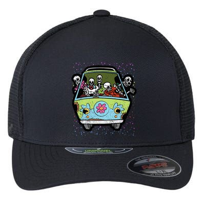 Skeleton Riding Hippie Van Halloween Costume Retro Bones Flexfit Unipanel Trucker Cap