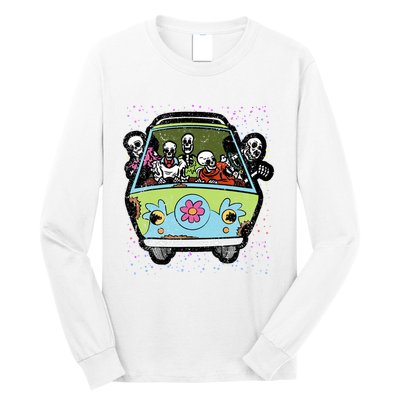 Skeleton Riding Hippie Van Halloween Costume Retro Bones Long Sleeve Shirt