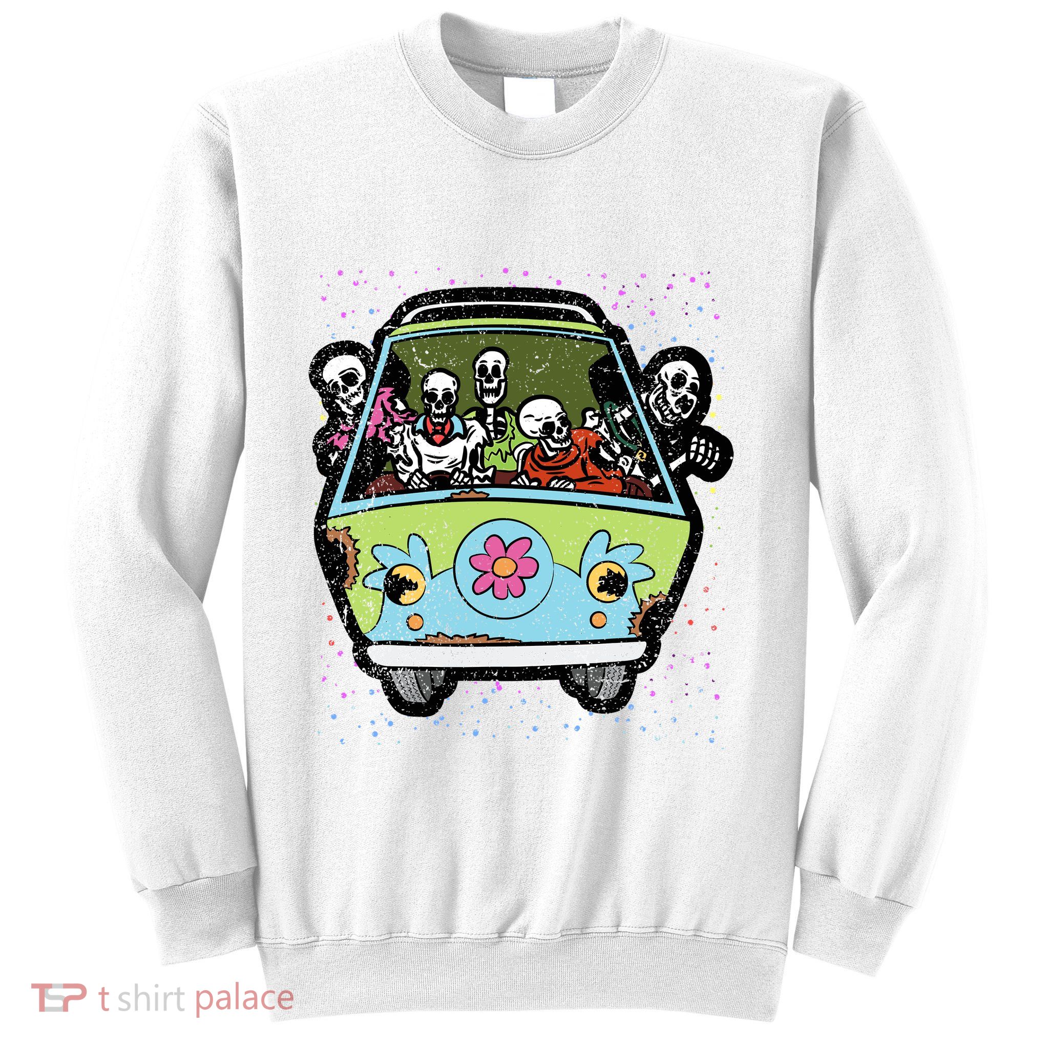 Skeleton Riding Hippie Van Halloween Costume Retro Bones Sweatshirt