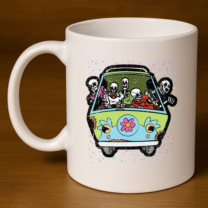 Skeleton Riding Hippie Van Halloween Costume Retro Bones 11oz C Handle Ceramic Mug