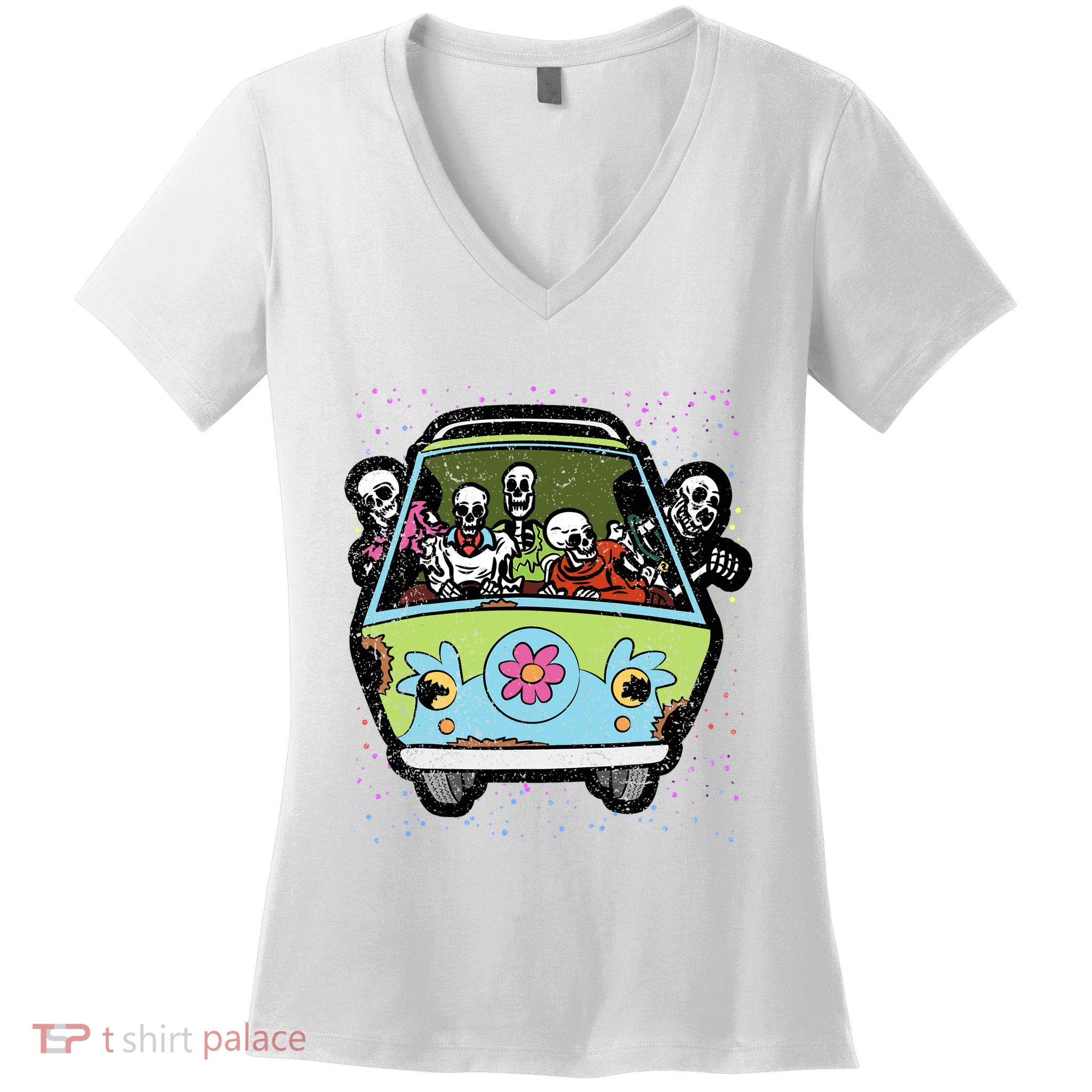 Skeleton Riding Hippie Van Halloween Costume Retro Bones Women's V-Neck T-Shirt