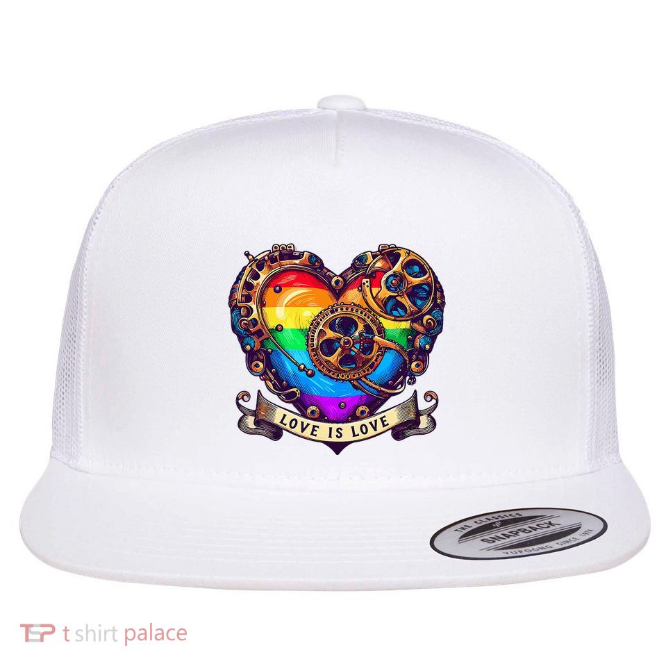 Steampunk Rainbow Heart Love Is Love Flat Bill Trucker Hat