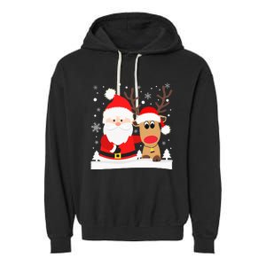 Santa Reindeer Hug Snowflakes Christmas Garment-Dyed Fleece Hoodie