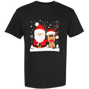 Santa Reindeer Hug Snowflakes Christmas Garment-Dyed Heavyweight T-Shirt