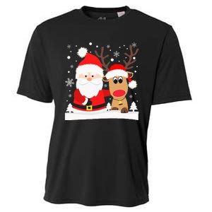 Santa Reindeer Hug Snowflakes Christmas Cooling Performance Crew T-Shirt