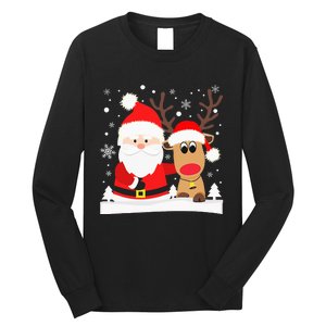 Santa Reindeer Hug Snowflakes Christmas Long Sleeve Shirt