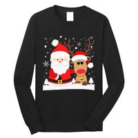 Santa Reindeer Hug Snowflakes Christmas Long Sleeve Shirt