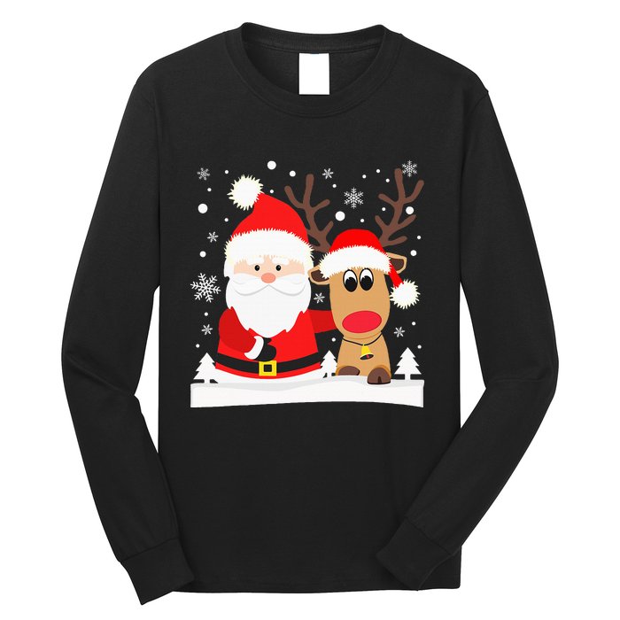 Santa Reindeer Hug Snowflakes Christmas Long Sleeve Shirt