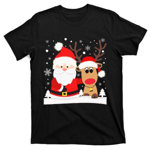 Santa Reindeer Hug Snowflakes Christmas T-Shirt