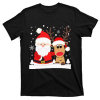 Santa Reindeer Hug Snowflakes Christmas T-Shirt