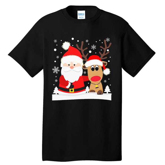 Santa Reindeer Hug Snowflakes Christmas Tall T-Shirt