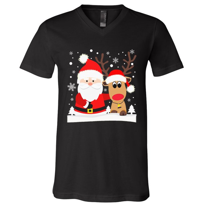 Santa Reindeer Hug Snowflakes Christmas V-Neck T-Shirt