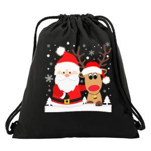 Santa Reindeer Hug Snowflakes Christmas Drawstring Bag