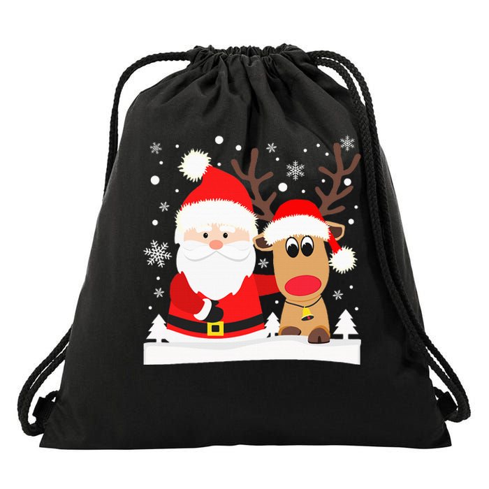 Santa Reindeer Hug Snowflakes Christmas Drawstring Bag