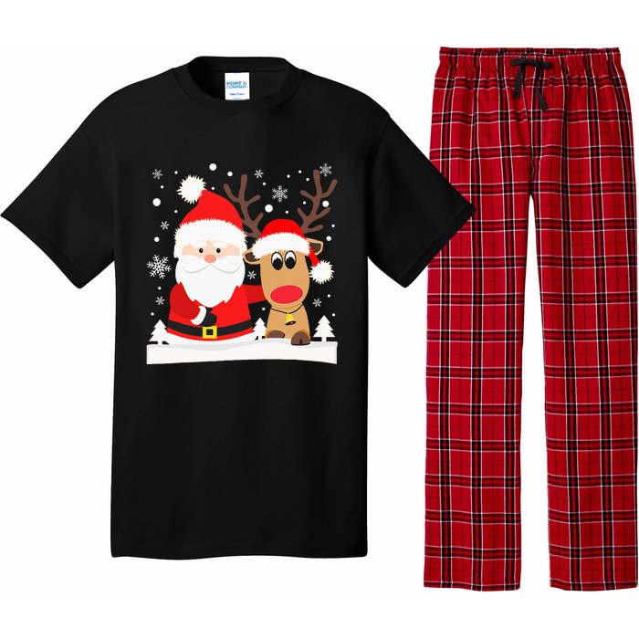 Santa Reindeer Hug Snowflakes Christmas Pajama Set