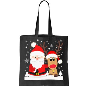 Santa Reindeer Hug Snowflakes Christmas Tote Bag