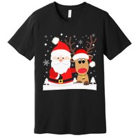 Santa Reindeer Hug Snowflakes Christmas Premium T-Shirt