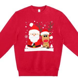 Santa Reindeer Hug Snowflakes Christmas Premium Crewneck Sweatshirt