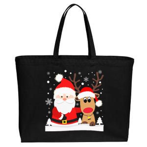 Santa Reindeer Hug Snowflakes Christmas Cotton Canvas Jumbo Tote