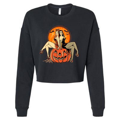Sexy Retro Halloween Pinup Girls Cropped Pullover Crew