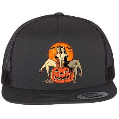 Sexy Retro Halloween Pinup Girls Flat Bill Trucker Hat