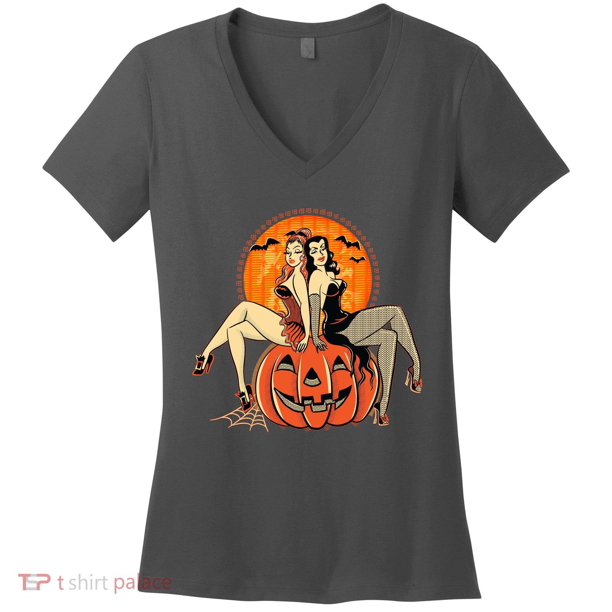 Sexy Retro Halloween Pinup Girls Women's V-Neck T-Shirt
